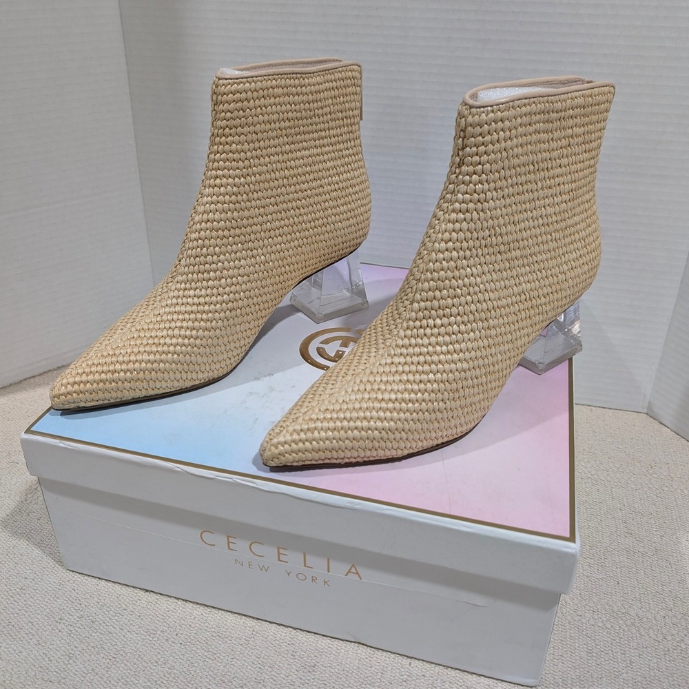 Cecelia New York Natural Woven Pointed Toe Clear Block Heel Bootie 6.5M - Picture 3 of 14